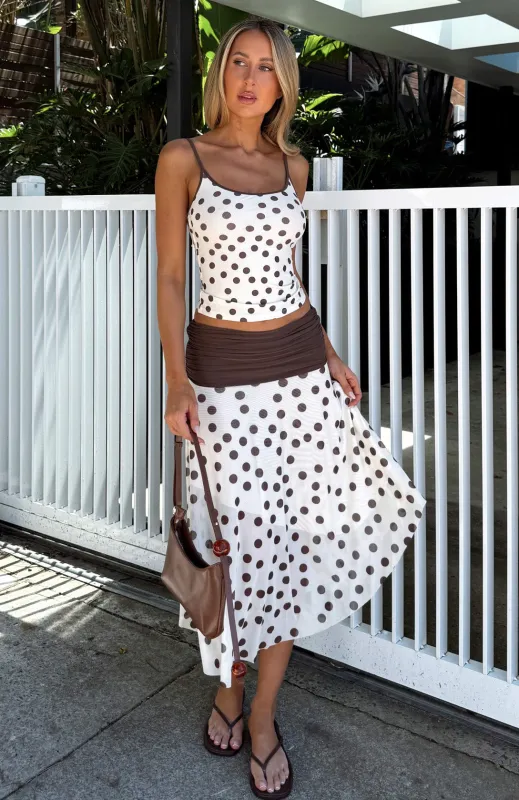 Mediterranean Mirage Midi Skirt Cream/Choc Polka Dot sold by White Fox Boutique