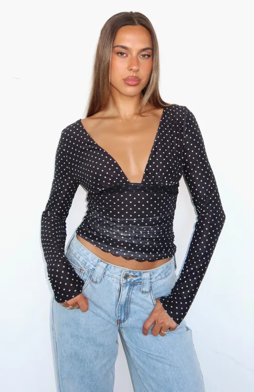 Clear As Day Long Sleeve Top Black/White Polka Dot sold by White Fox Boutique