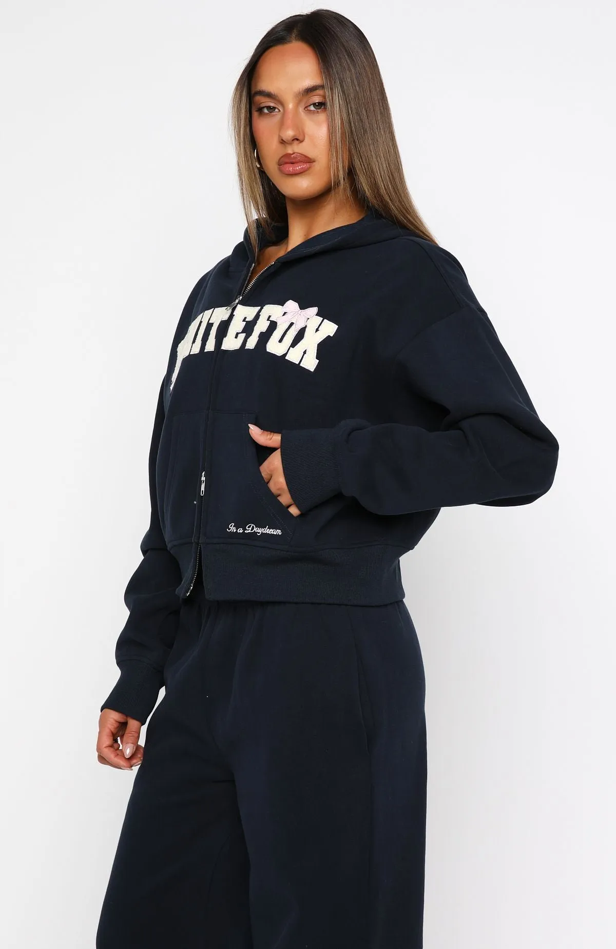 Daydreamers Madeline Boxy Zip Front Hoodie Navy sold by White Fox Boutique product image thumbnail 3