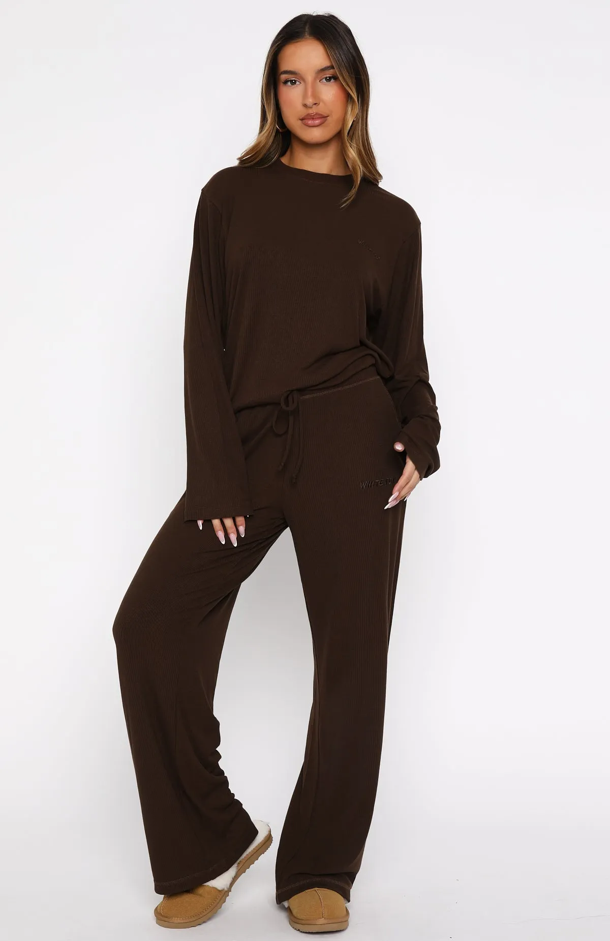 Come A Long Way Soft Lounge Ribbed Wide Leg Pants Chocolate sold by White Fox Boutique product image thumbnail 2