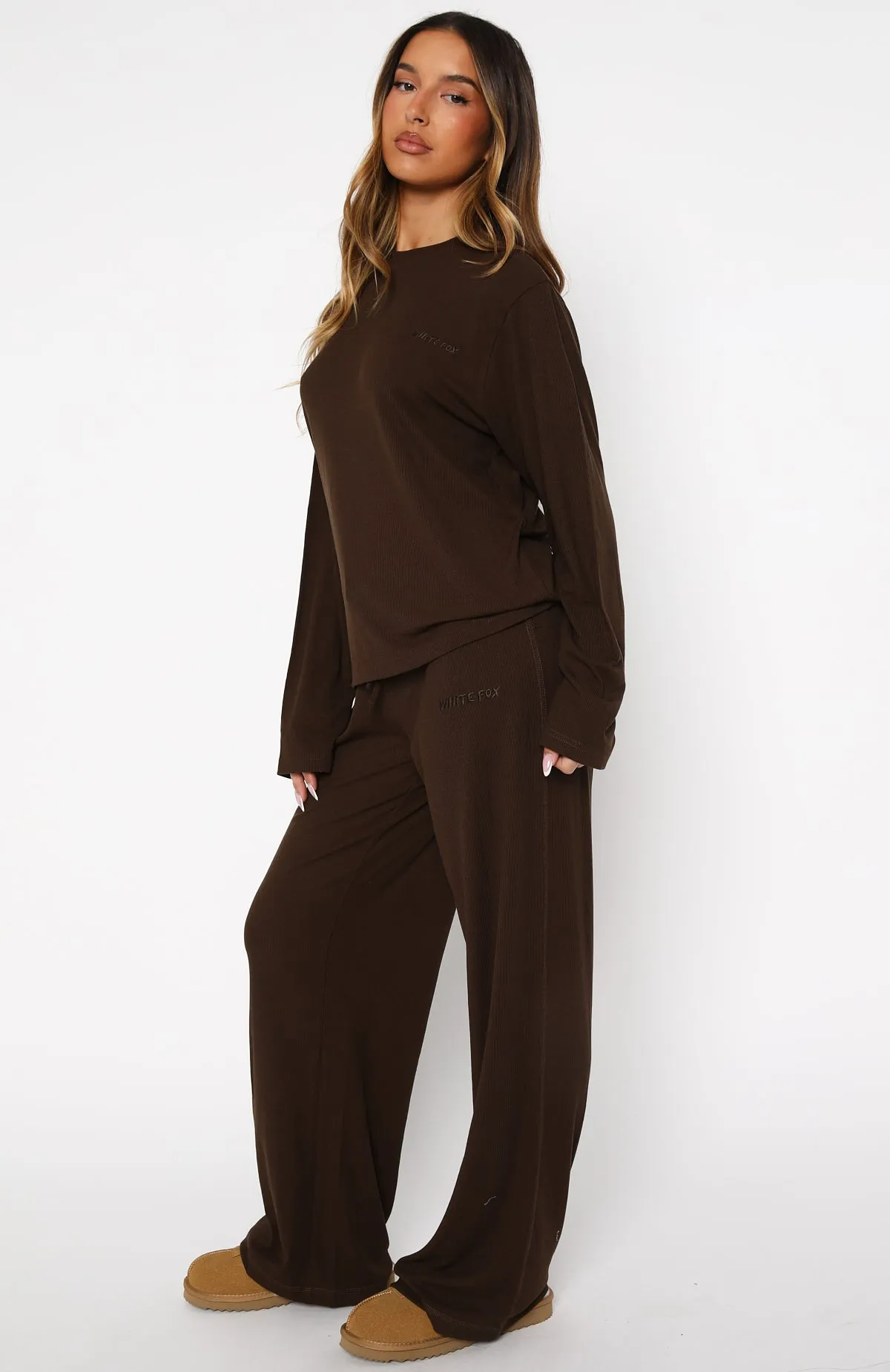 Come A Long Way Soft Lounge Ribbed Wide Leg Pants Chocolate sold by White Fox Boutique product image thumbnail 3