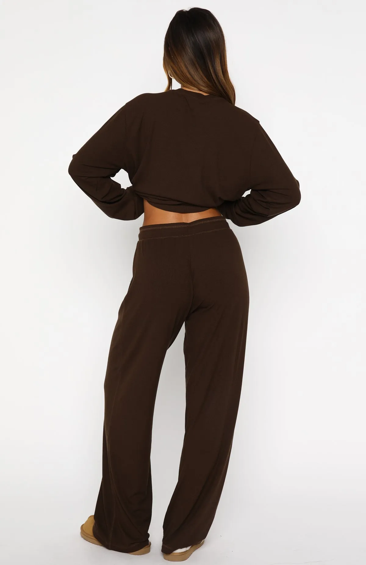 Come A Long Way Soft Lounge Ribbed Wide Leg Pants Chocolate sold by White Fox Boutique product image thumbnail 4
