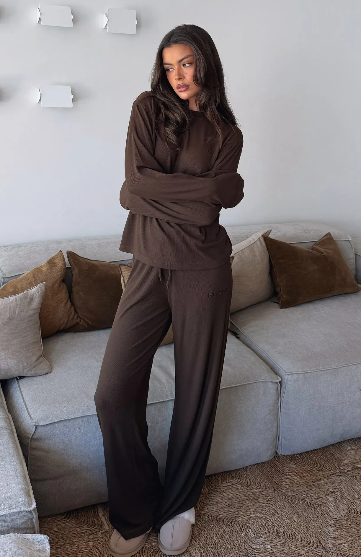 Come A Long Way Soft Lounge Ribbed Wide Leg Pants Chocolate sold by White Fox Boutique