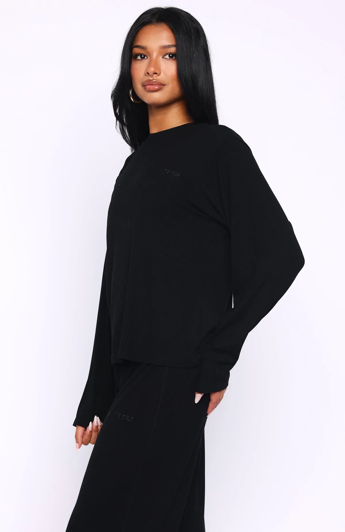 Come A Long Way Soft Lounge Long Sleeve Ribbed Tee Black sold by White Fox Boutique product image thumbnail 3