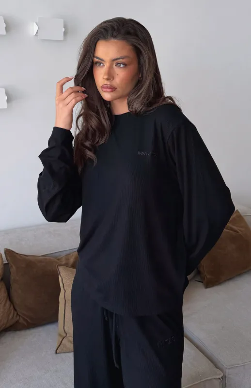 Come A Long Way Soft Lounge Long Sleeve Ribbed Tee Black sold by White Fox Boutique