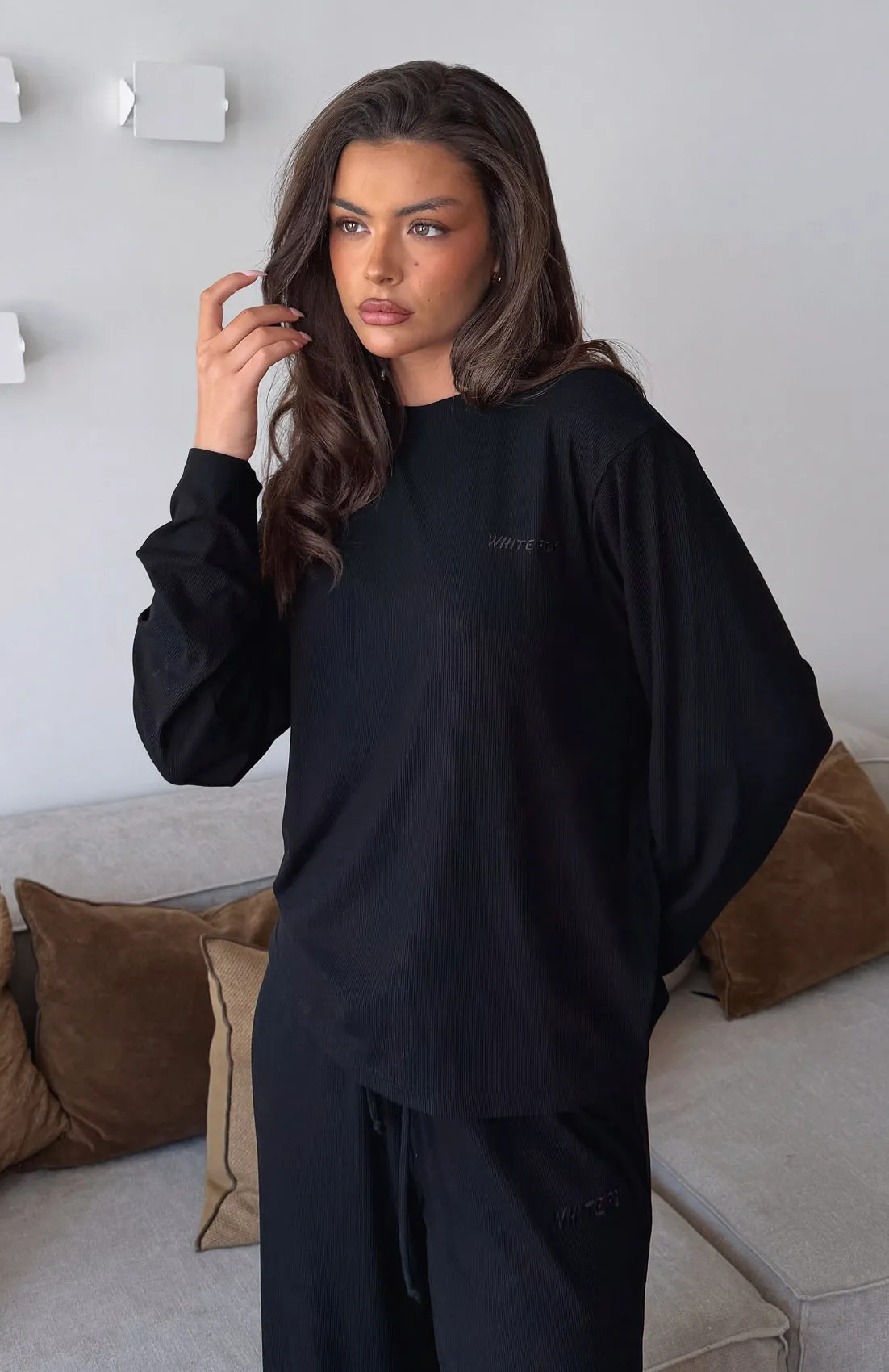 Come A Long Way Soft Lounge Long Sleeve Ribbed Tee Black sold by White Fox Boutique