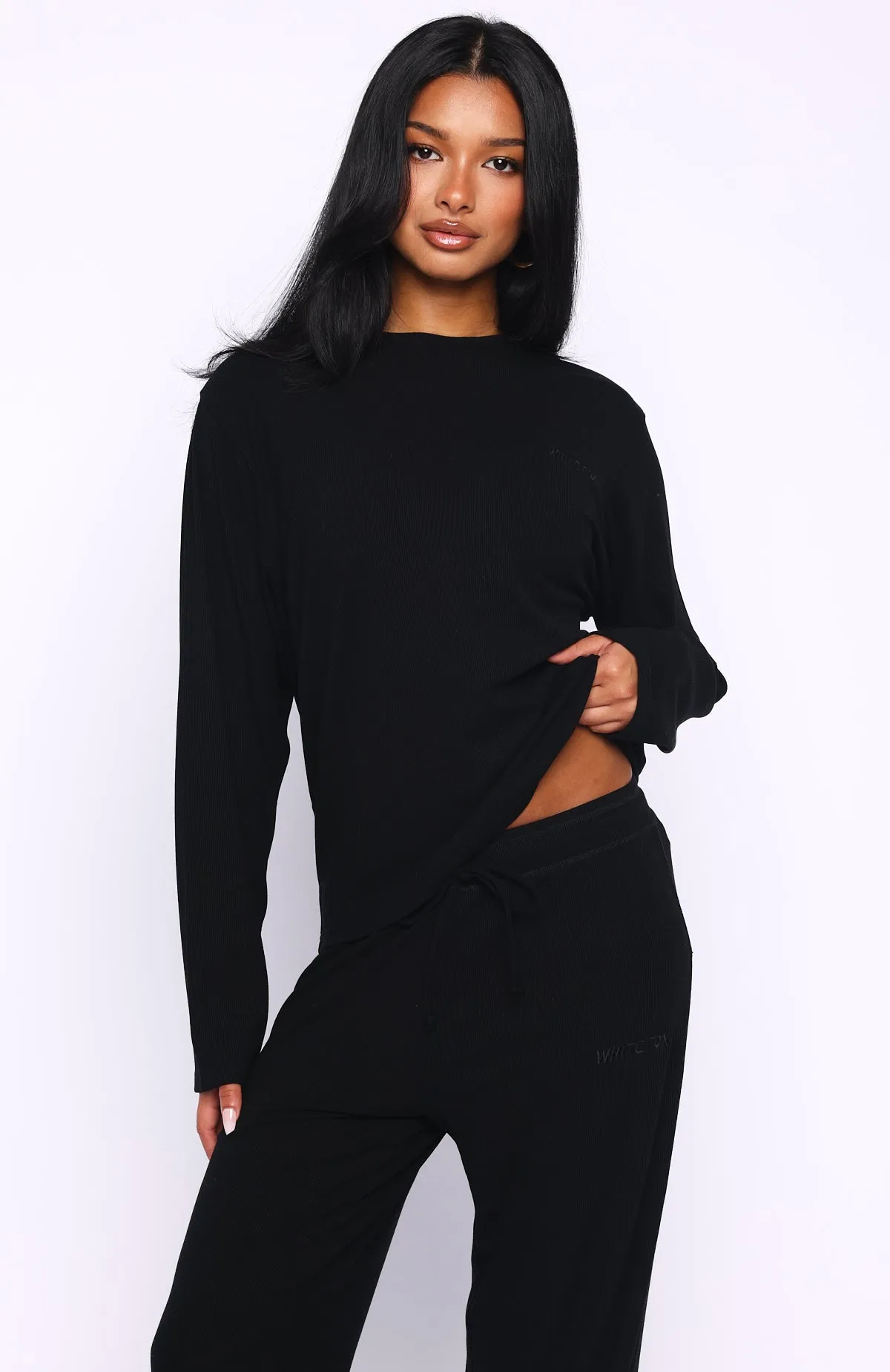 Come A Long Way Soft Lounge Long Sleeve Ribbed Tee Black sold by White Fox Boutique product image thumbnail 2