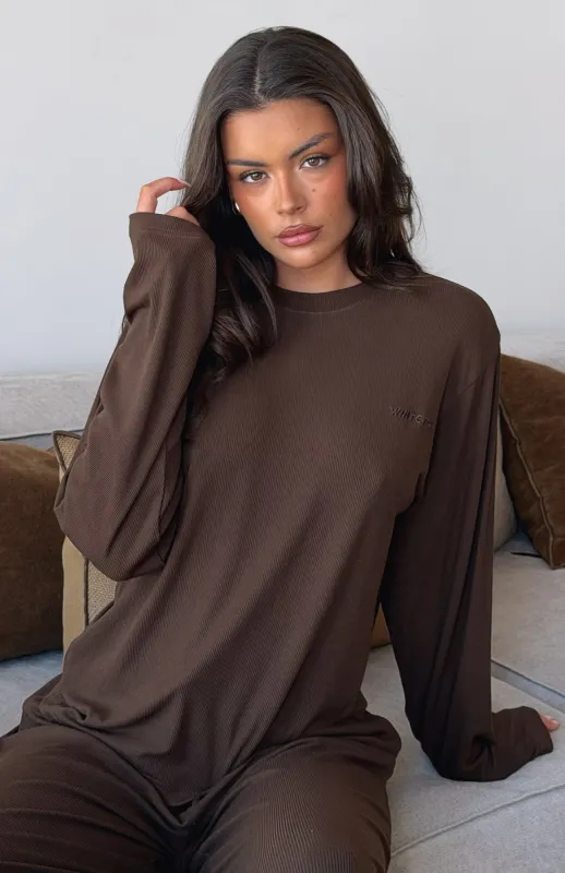 Come A Long Way Soft Lounge Long Sleeve Ribbed Tee Chocolate sold by White Fox Boutique