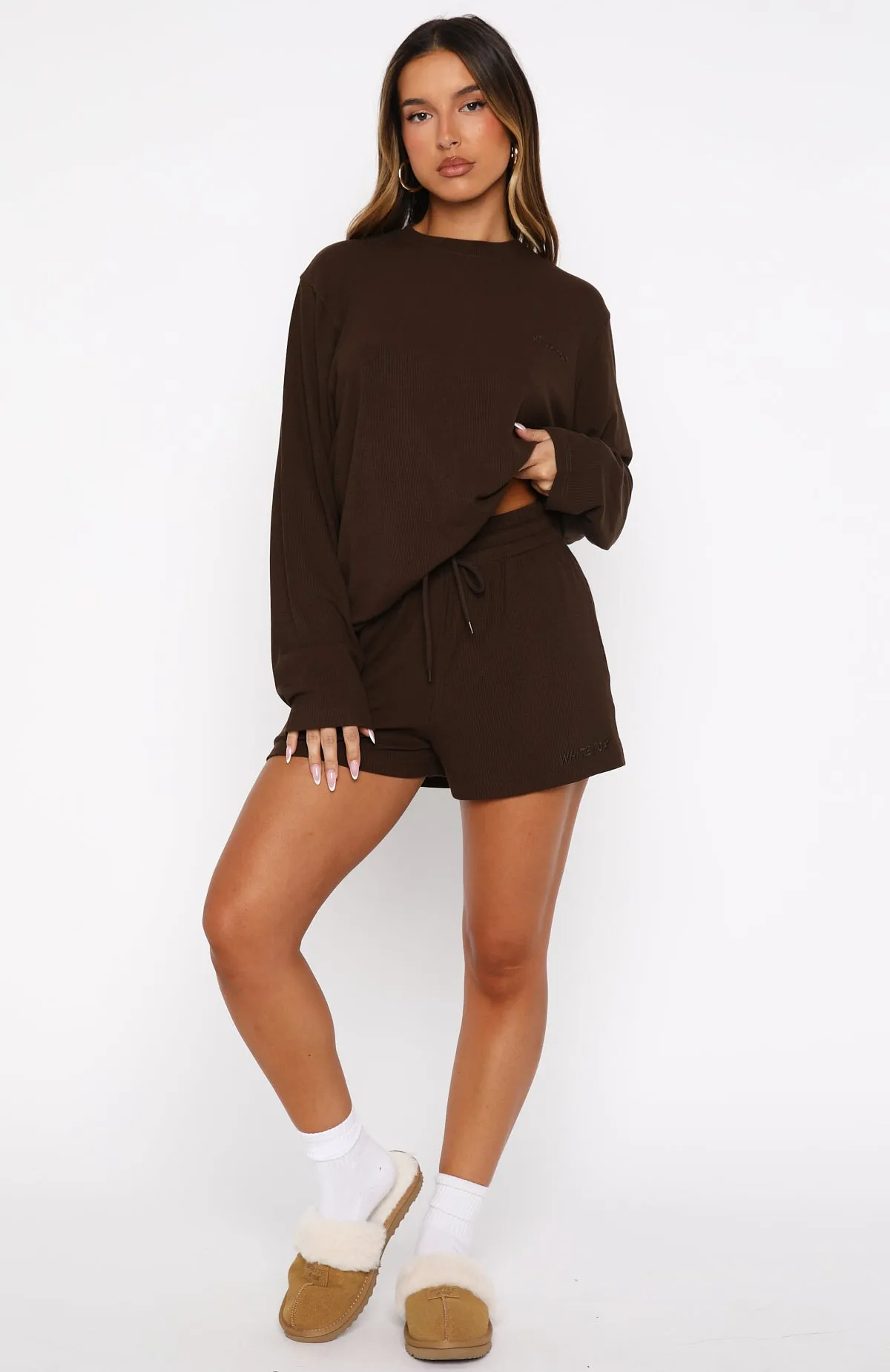 Come A Long Way Soft Lounge Ribbed Shorts Chocolate sold by White Fox Boutique product image thumbnail 5