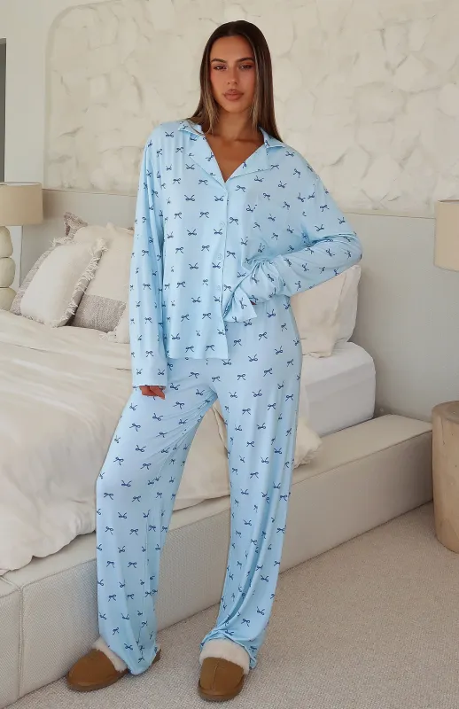 Pillow Talk Printed Long Sleeve Pyjama Set Sky Ribbons sold by White Fox Boutique