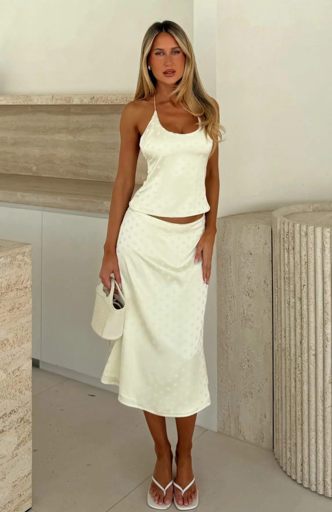Palm Breeze Midi Skirt Cream sold by White Fox Boutique