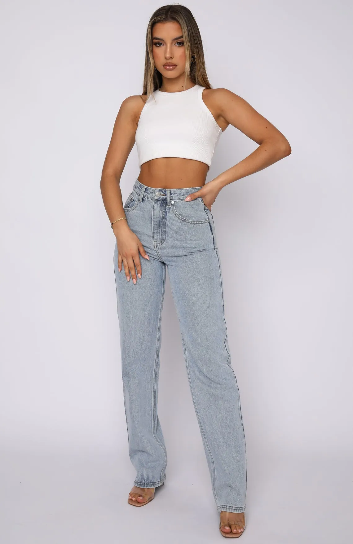 On Replay High Rise Straight Leg Jeans Ice Blue sold by White Fox Boutique product image thumbnail 5