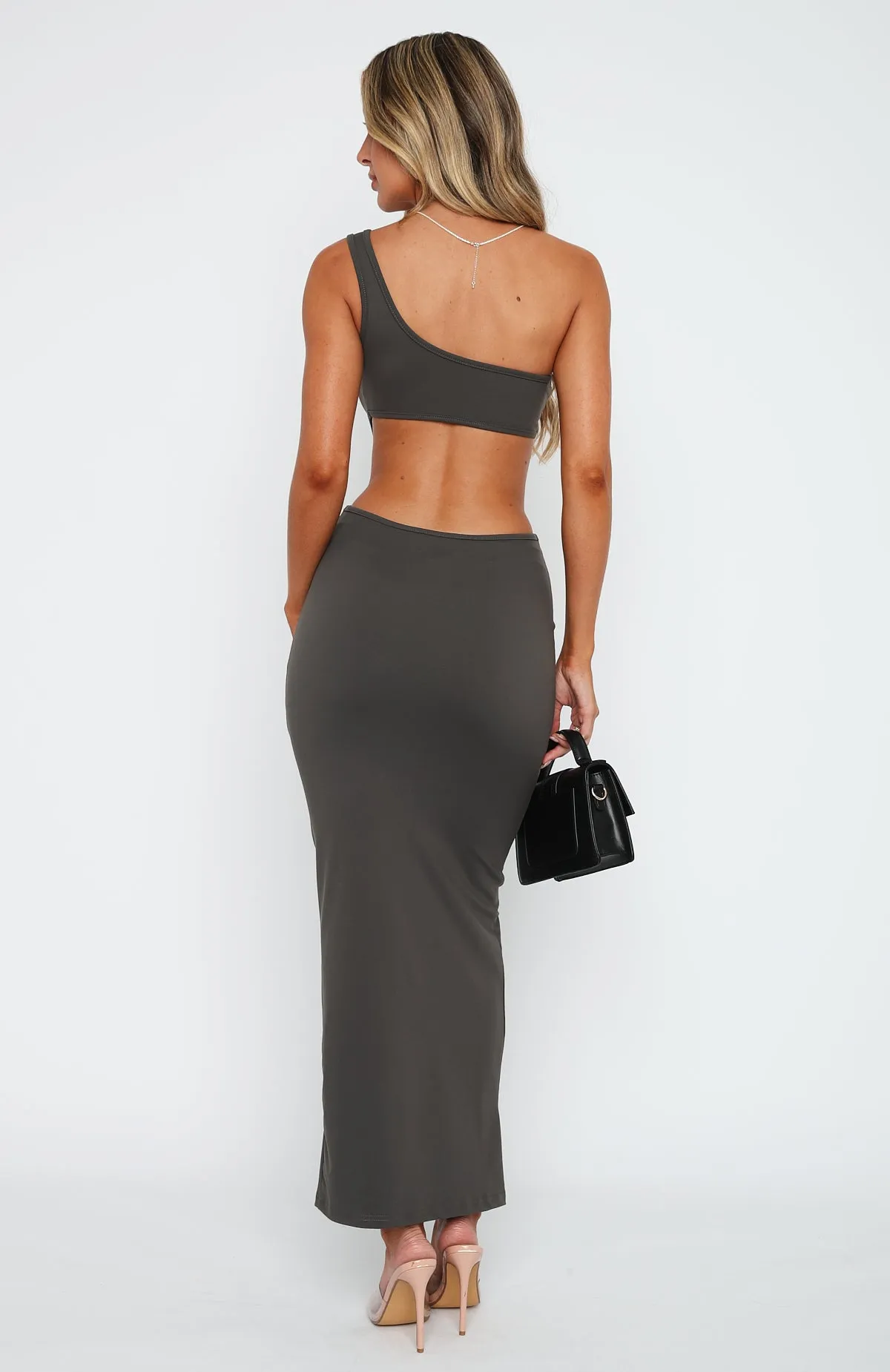 Midnight Dancing One Shoulder Maxi Dress Charcoal sold by White Fox Boutique product image thumbnail 4