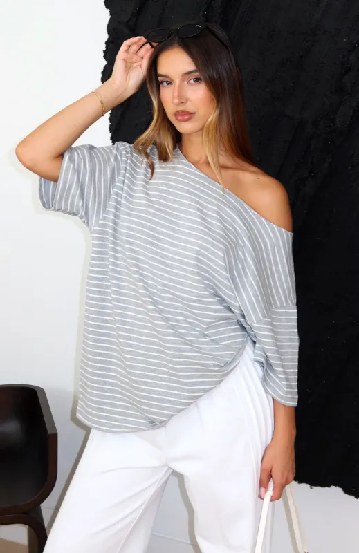 Give Me Options Off Shoulder Tee Grey/White Stripe sold by White Fox Boutique