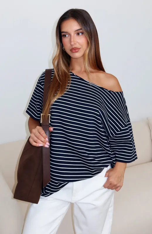 Give Me Options Off Shoulder Tee Navy/White Stripe made by White Fox Boutique