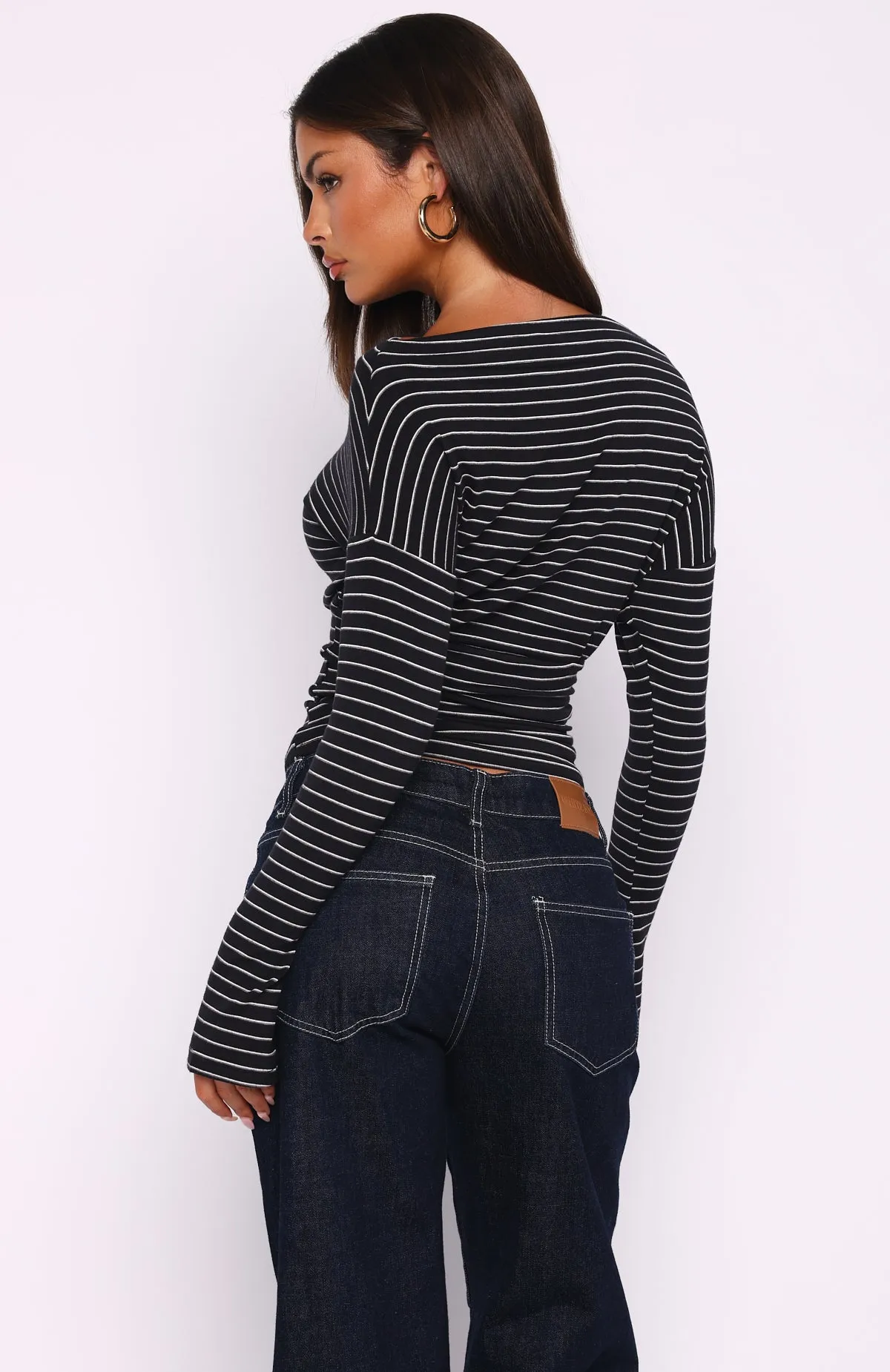 Another Time Cinched Waist Long Sleeve Top Black Stripe sold by White Fox Boutique product image thumbnail 4