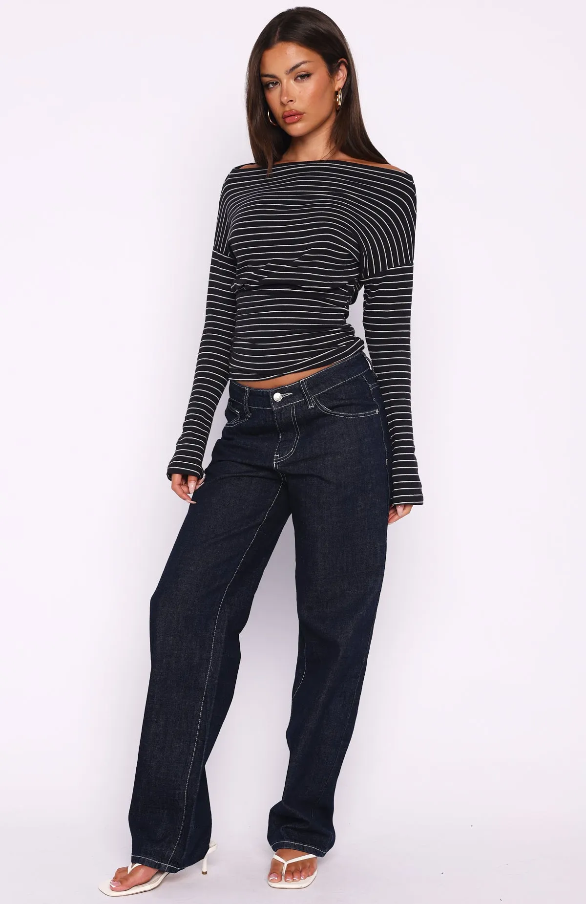 Another Time Cinched Waist Long Sleeve Top Black Stripe sold by White Fox Boutique product image thumbnail 5