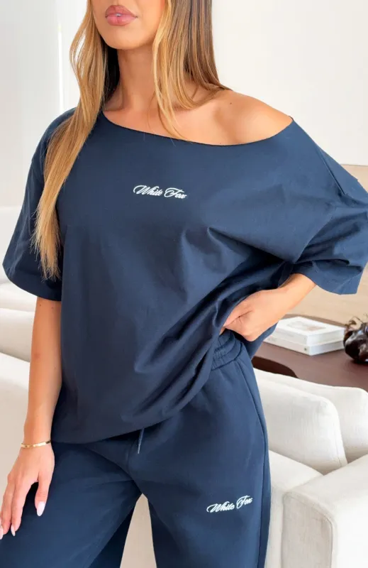 Wishing For It Off Shoulder Oversized Tee Navy made by White Fox Boutique