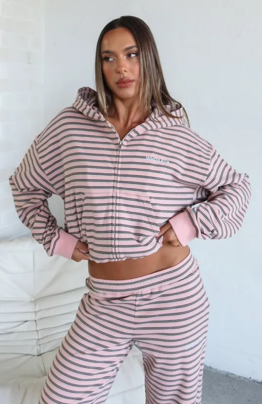 Looking Back Boxy Zip Front Hoodie Pink Stripe sold by White Fox Boutique