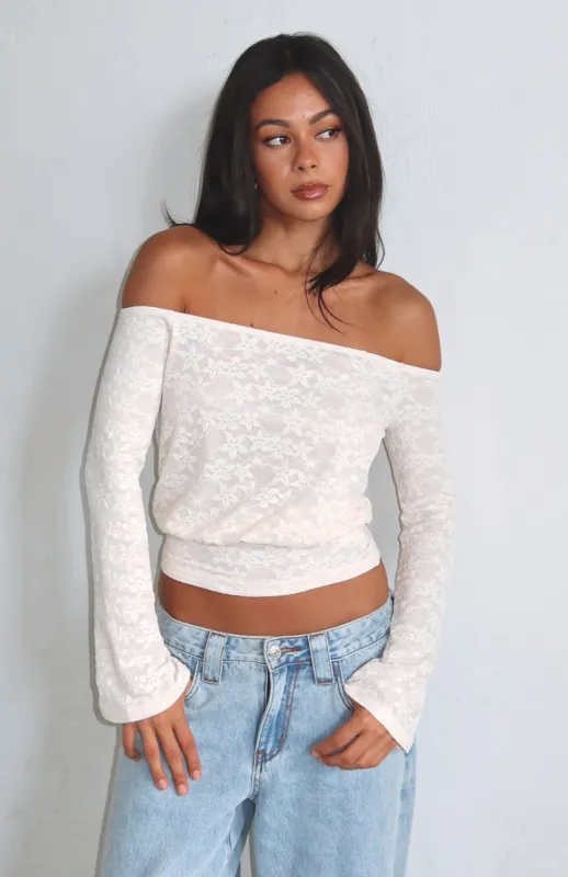 Dancing In The Rain Off Shoulder Long Sleeve Top Cream sold by White Fox Boutique