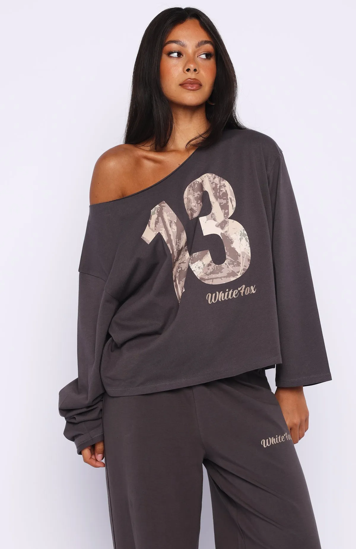 All A Dream Off Shoulder Oversized Long Sleeve Tee Charcoal sold by White Fox Boutique product image thumbnail 2
