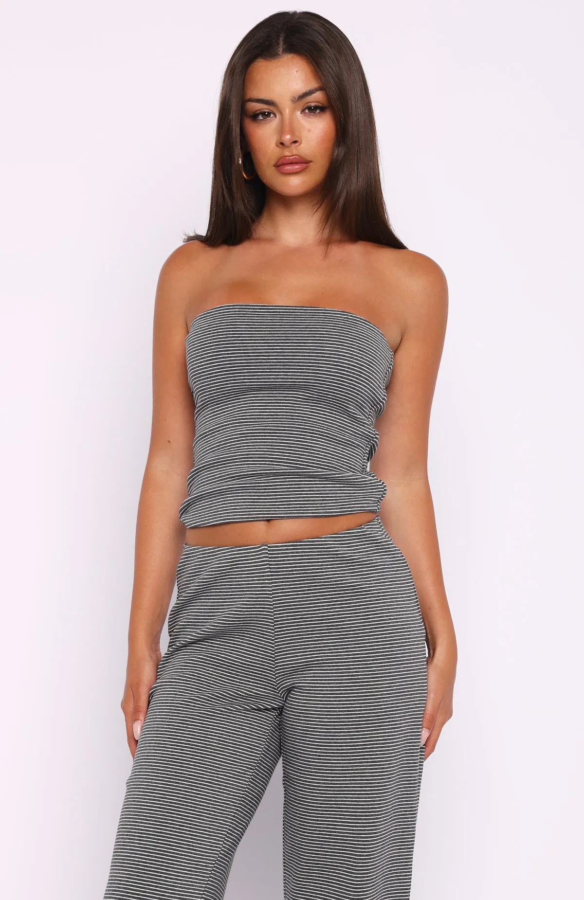 Happy It Happened Strapless Top Grey/White Stripe sold by White Fox Boutique product image thumbnail 2