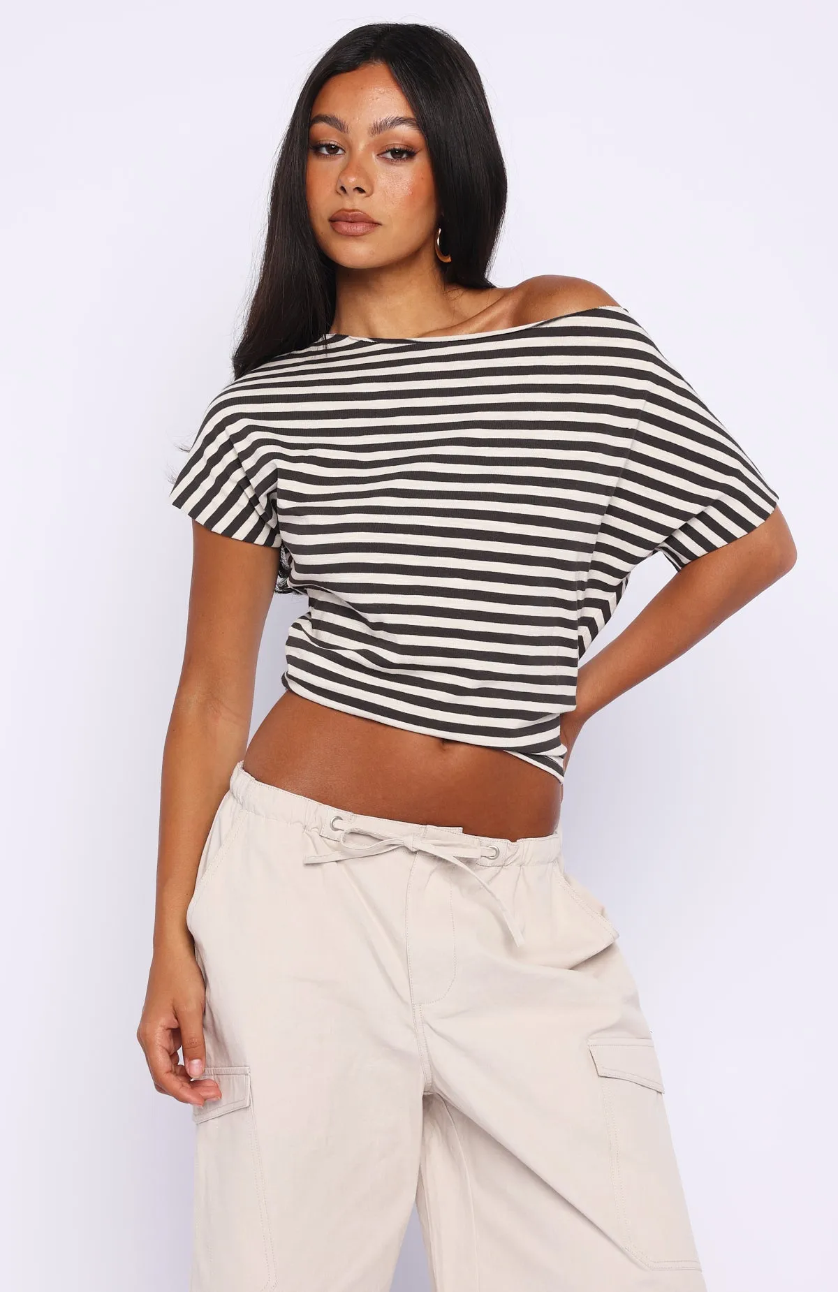 Happy To Help Cinched Waist Top Charcoal Stripe sold by White Fox Boutique product image thumbnail 2