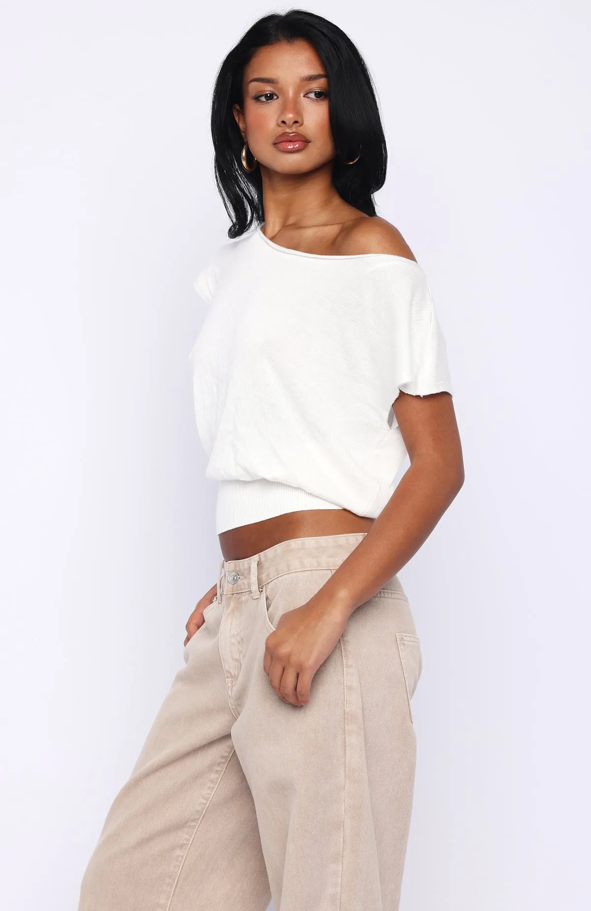 Can't Change My Mind Off Shoulder Cinched Top Off White sold by White Fox Boutique product image thumbnail 4