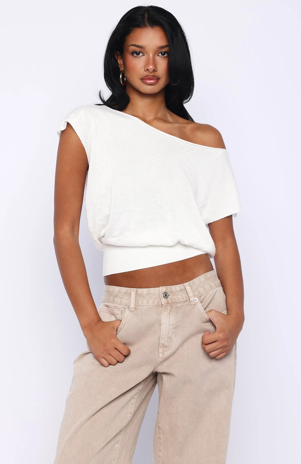 Can't Change My Mind Off Shoulder Cinched Top Off White sold by White Fox Boutique product image thumbnail 2