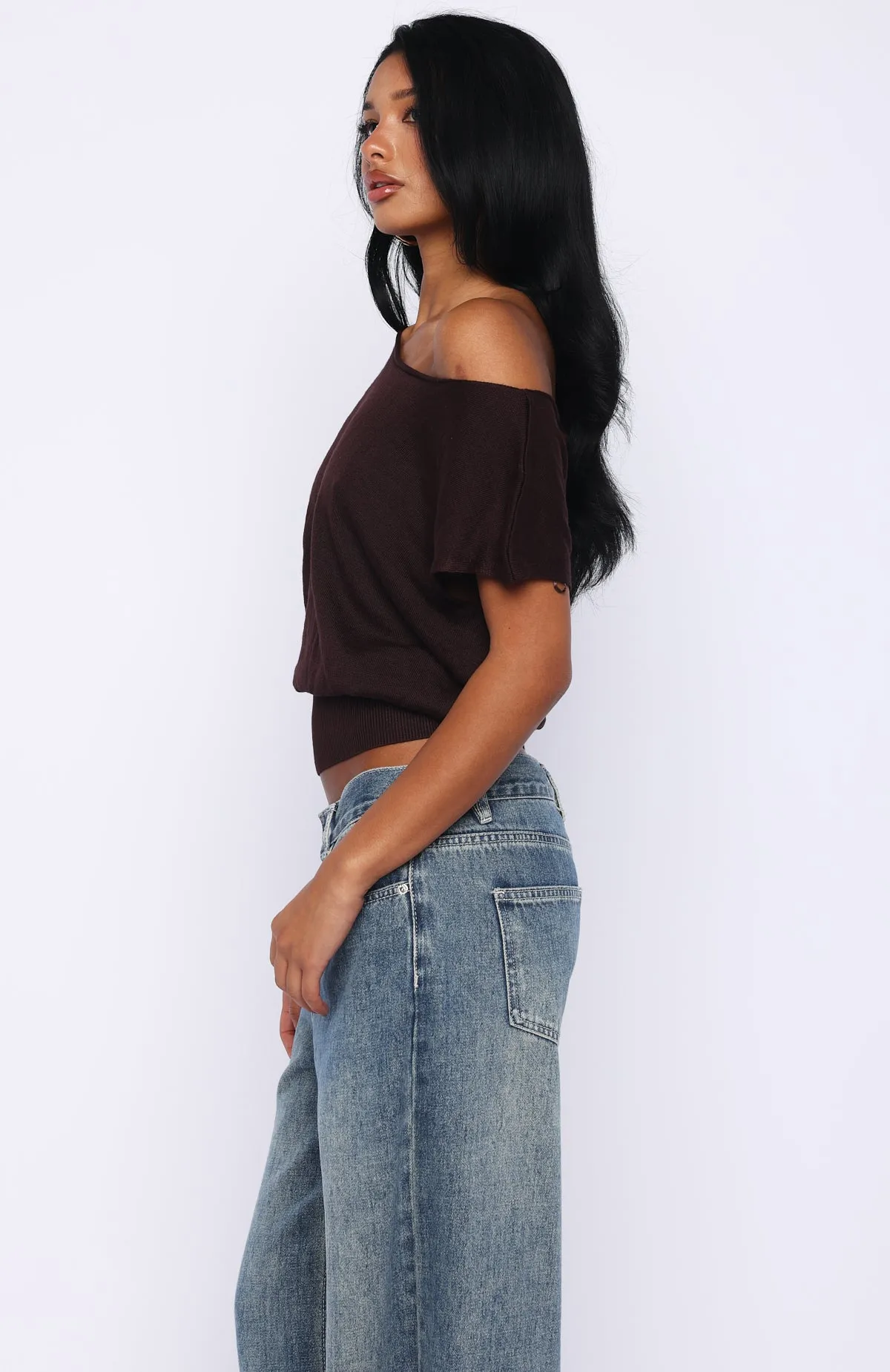 Can't Change My Mind Off Shoulder Cinched Top Chocolate sold by White Fox Boutique product image thumbnail 3