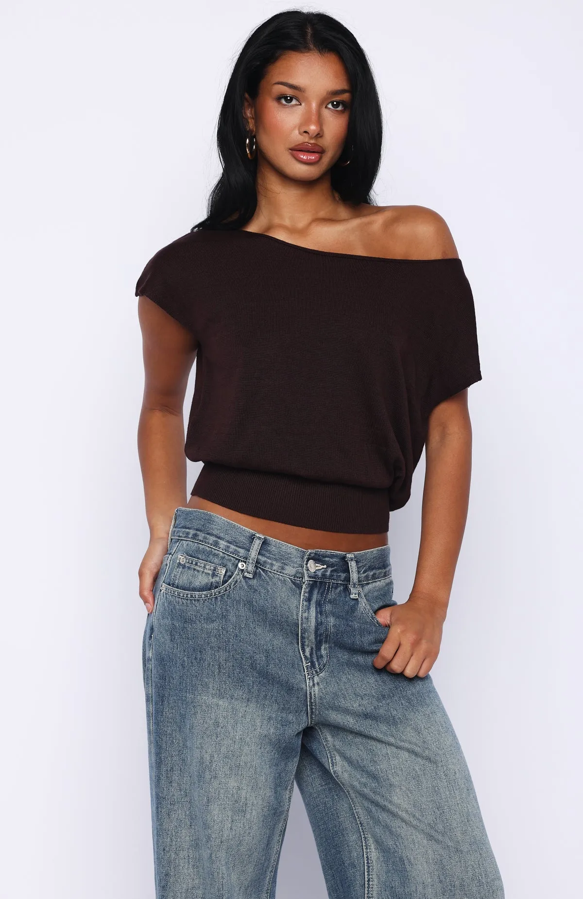 Can't Change My Mind Off Shoulder Cinched Top Chocolate sold by White Fox Boutique product image thumbnail 2
