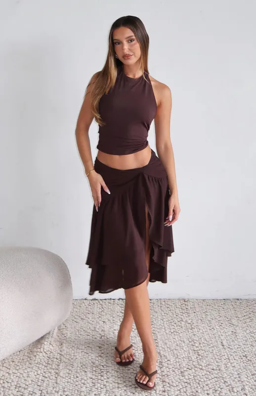 Just Keep Watching Midi Skirt Chocolate sold by White Fox Boutique