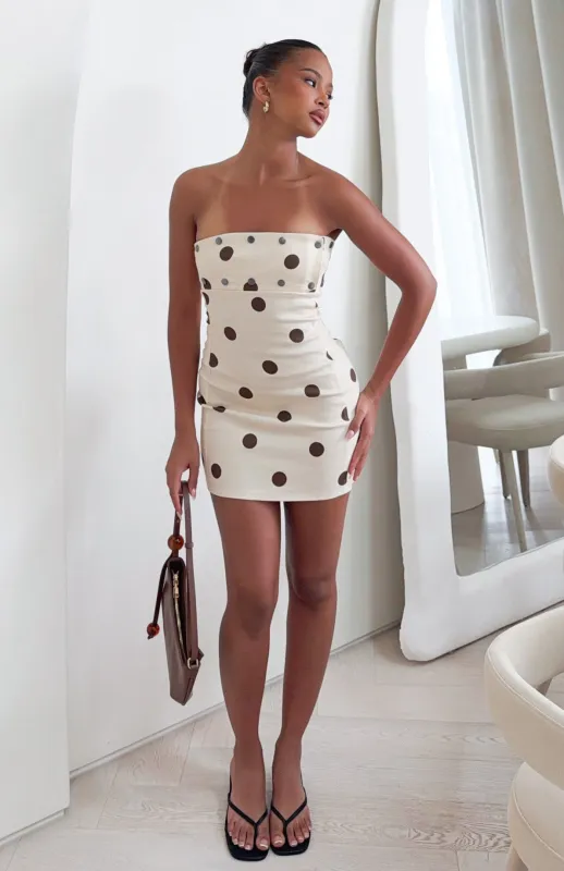 Luxe Envy Strapless Mini Dress Cream/Chocolate Polka Dot sold by White Fox Boutique