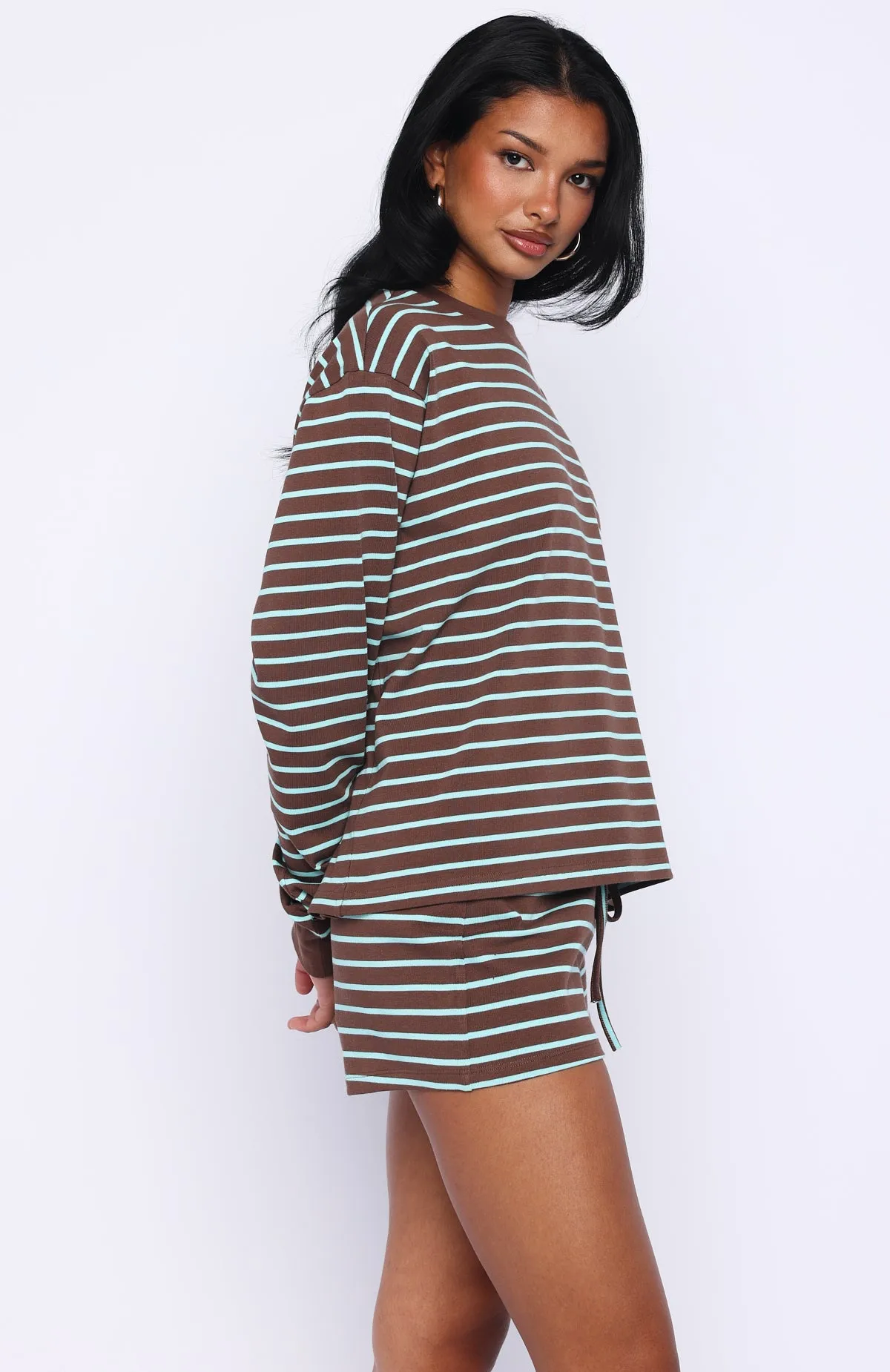 Touchdown Long Sleeve Tee Chocolate/Blue Stripe sold by White Fox Boutique product image thumbnail 3
