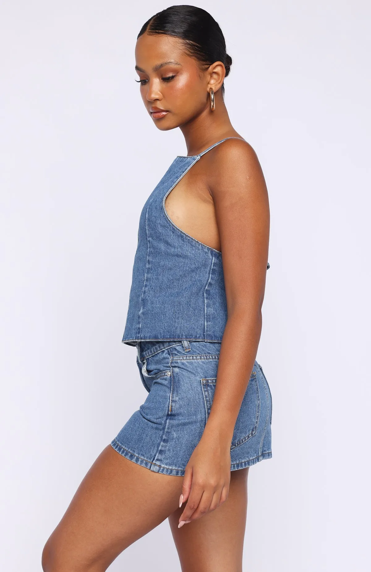 Happiness Is Key Mid Rise Denim Mini Skirt Admiral Blue sold by White Fox Boutique product image thumbnail 3