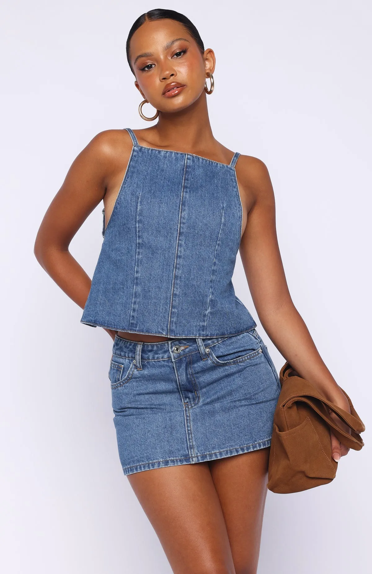 Happiness Is Key Mid Rise Denim Mini Skirt Admiral Blue sold by White Fox Boutique product image thumbnail 2