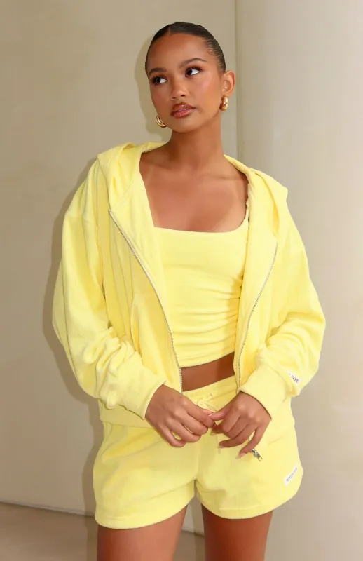 Causing Commotion Terry Boxy Zip Front Hoodie Lemon made by White Fox Boutique
