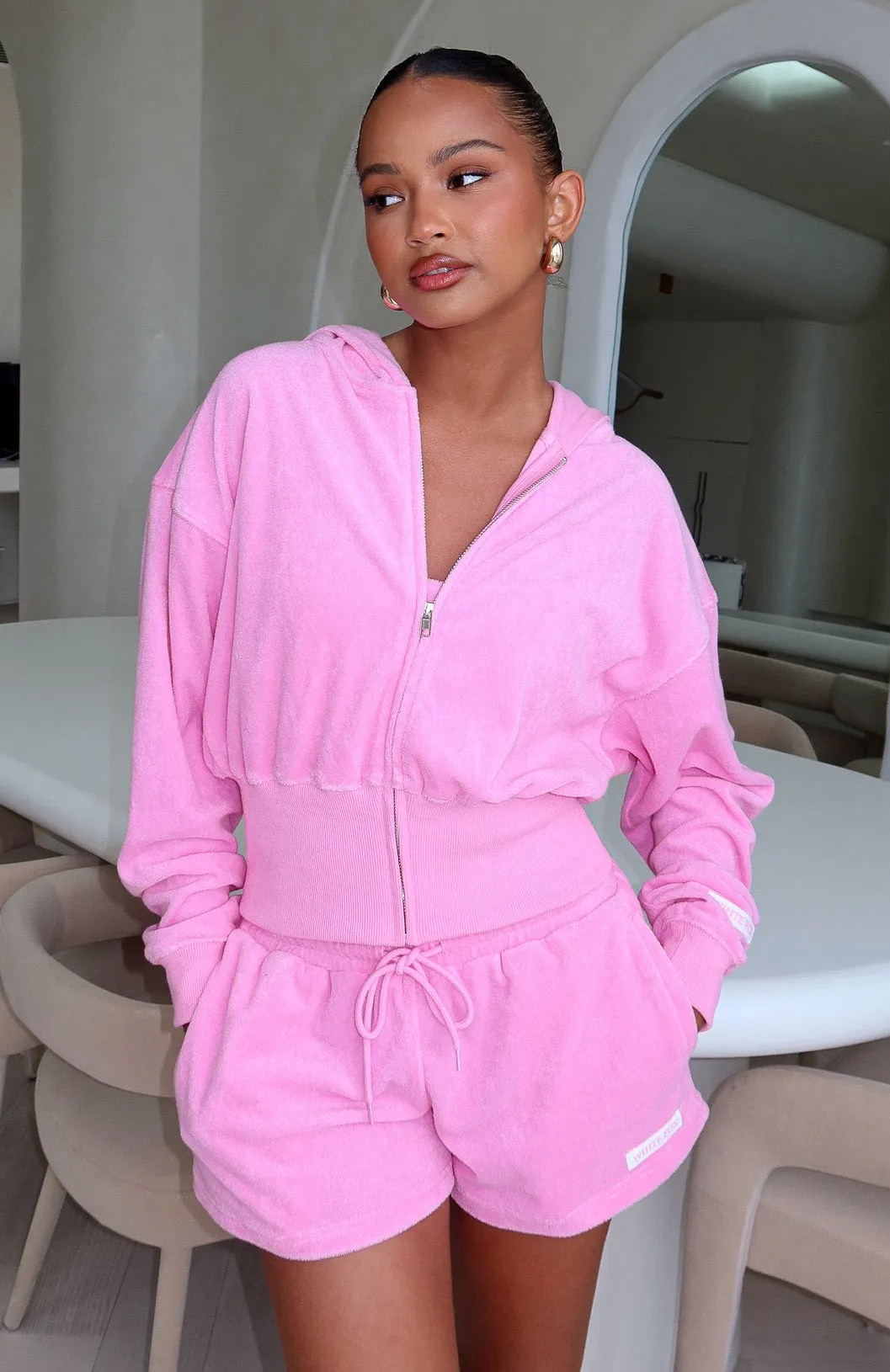 Causing Commotion Terry Cropped Cinched Zip Front Hoodie Pink sold by White Fox Boutique