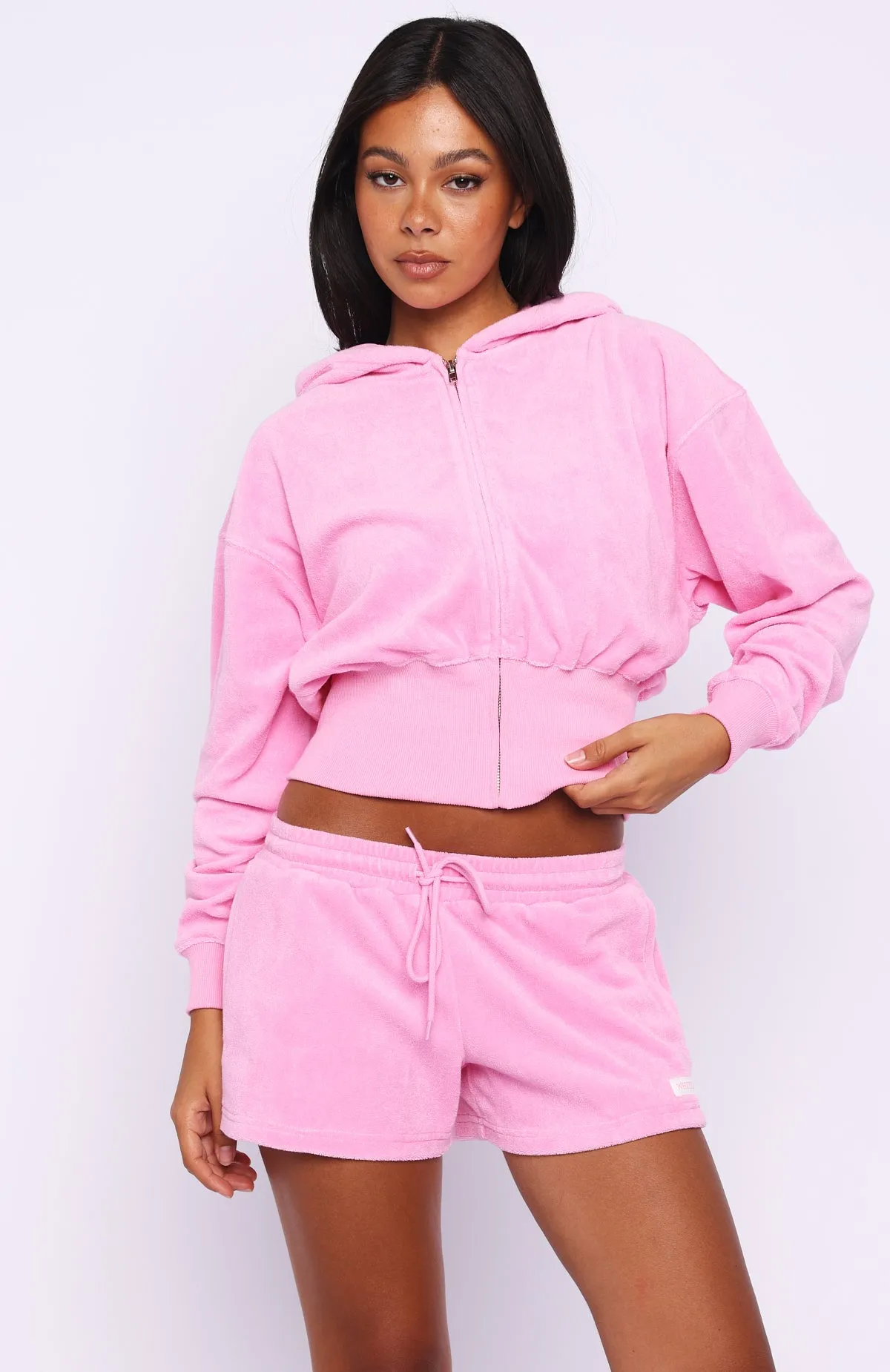 Causing Commotion Terry Cropped Cinched Zip Front Hoodie Pink sold by White Fox Boutique product image thumbnail 2