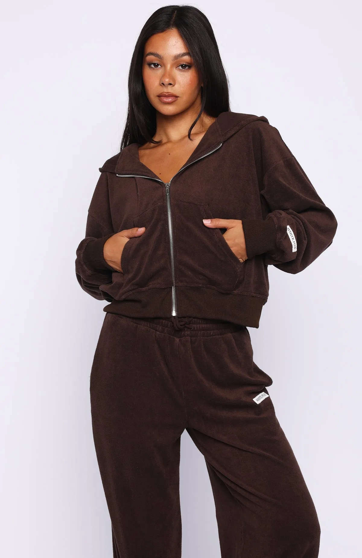 Causing Commotion Terry Boxy Zip Front Hoodie Chocolate sold by White Fox Boutique product image thumbnail 3