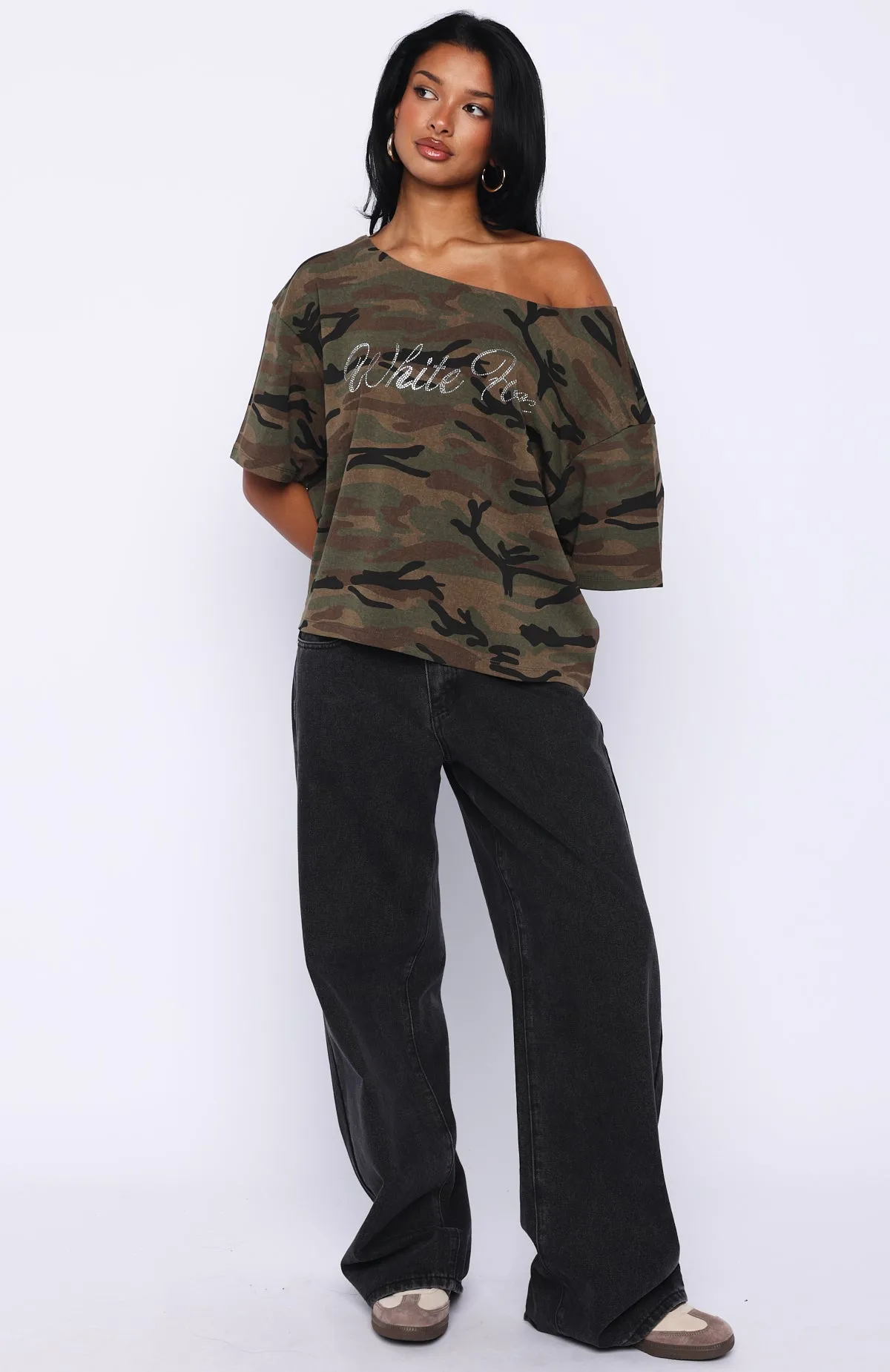 Glisten Up Off Shoulder Oversized Tee Green Camo sold by White Fox Boutique product image thumbnail 5