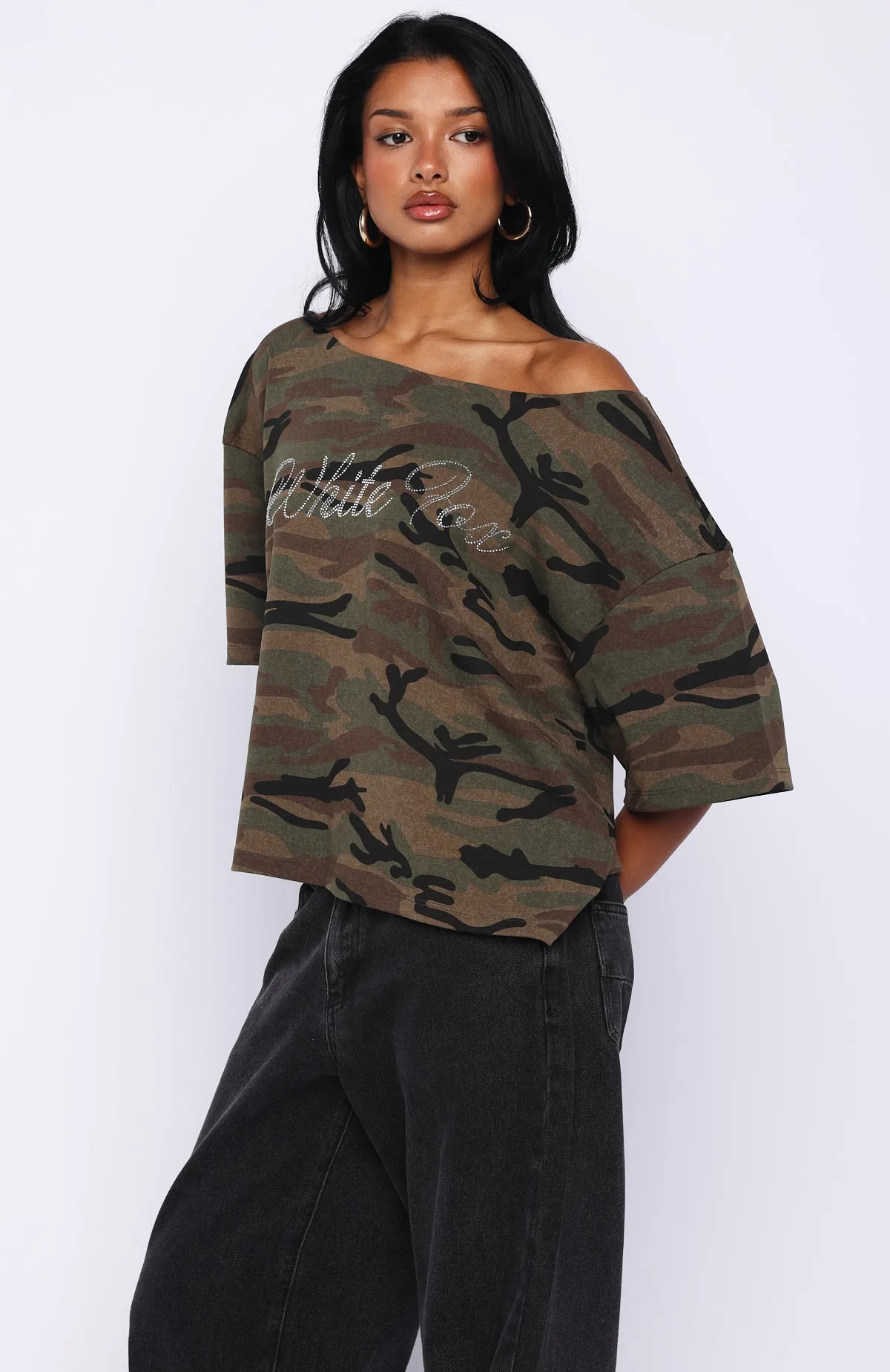 Glisten Up Off Shoulder Oversized Tee Green Camo sold by White Fox Boutique product image thumbnail 3
