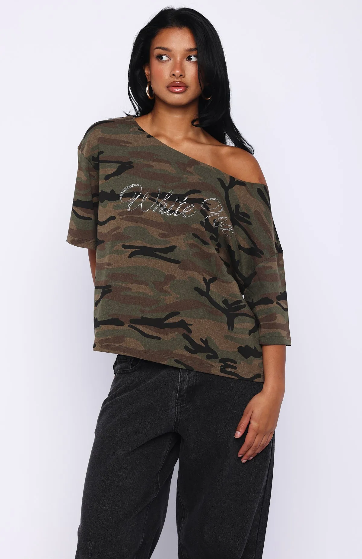 Glisten Up Off Shoulder Oversized Tee Green Camo sold by White Fox Boutique product image thumbnail 2