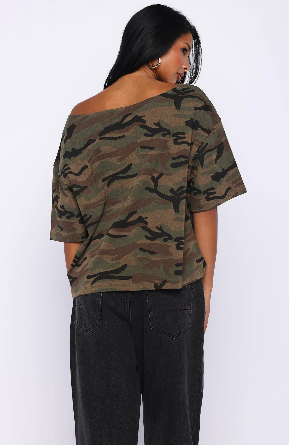 Glisten Up Off Shoulder Oversized Tee Green Camo sold by White Fox Boutique product image thumbnail 4