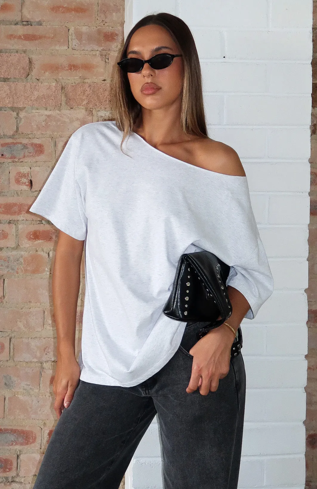 Give Me Options Off Shoulder Tee Light Grey Marle sold by White Fox Boutique