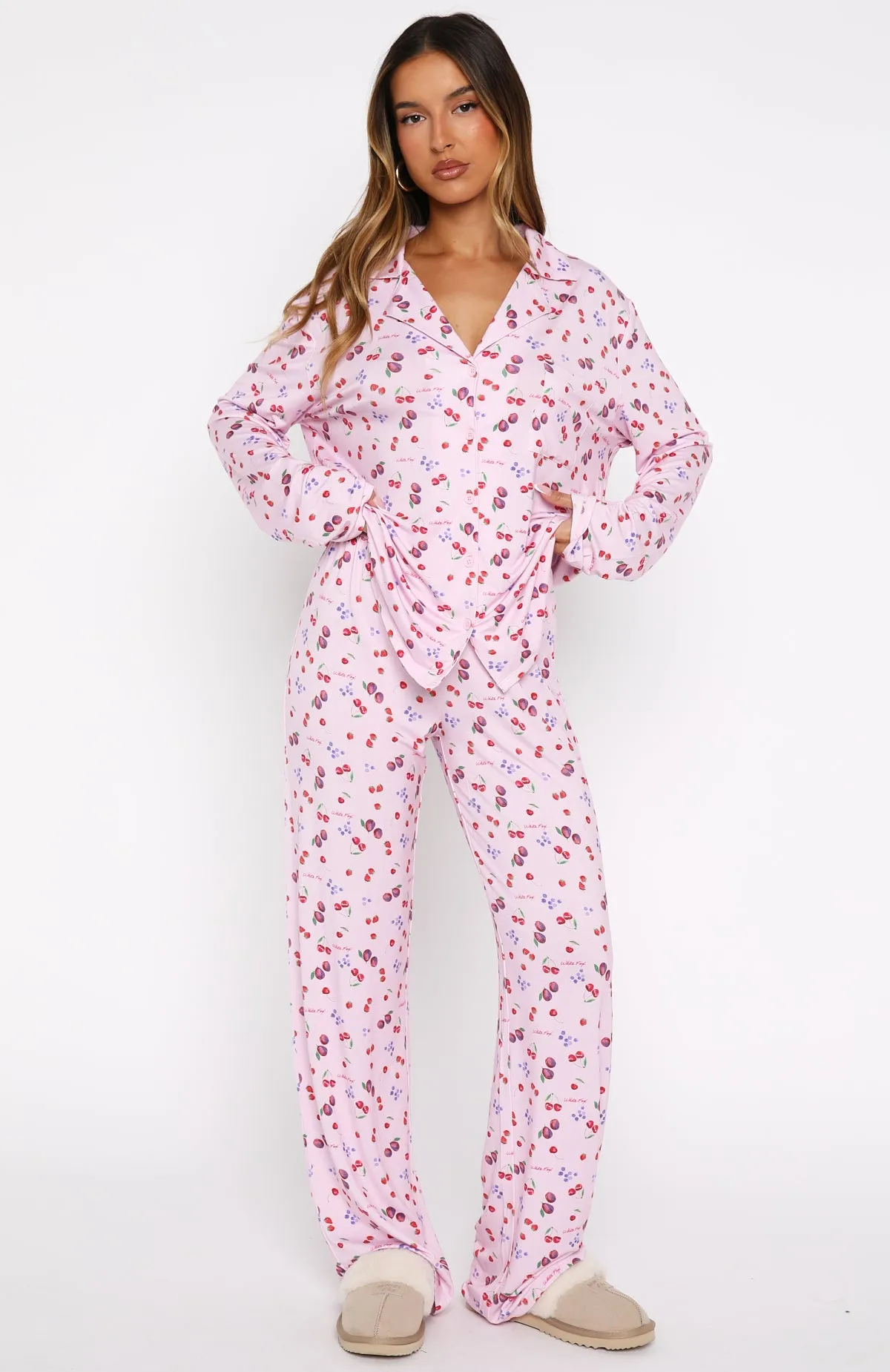 Pillow Talk Printed Long Sleeve Pyjama Set Pink Berries sold by White Fox Boutique product image thumbnail 3