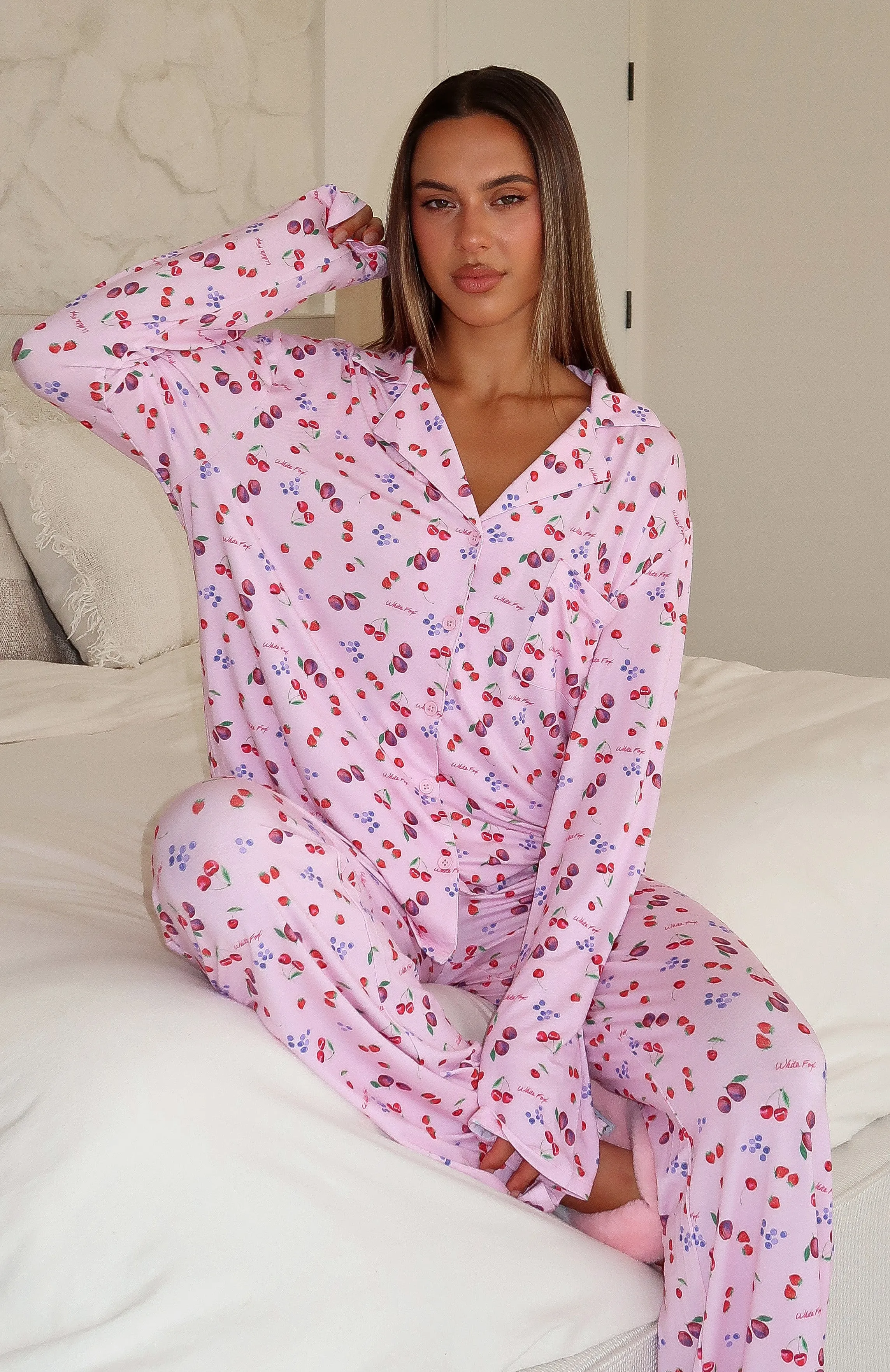 Pillow Talk Printed Long Sleeve Pyjama Set Pink Berries sold by White Fox Boutique product image thumbnail 2