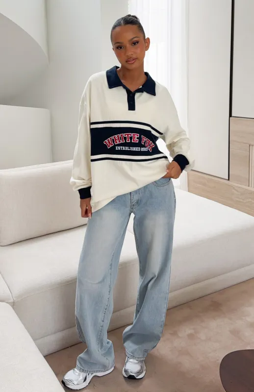 Meeting Friends Long Sleeve Rugby Shirt Cream made by White Fox Boutique