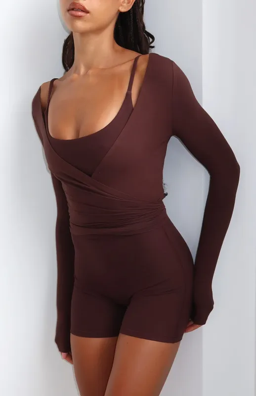 Staying Cute Long Sleeve Wrap Top Dark Chocolate made by White Fox Boutique