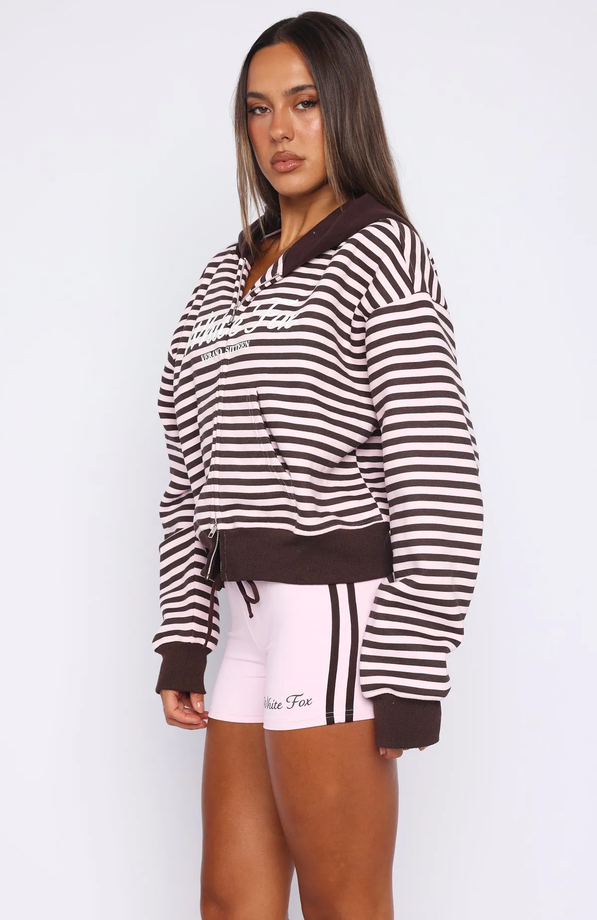 Verano Sixteen Maria Boxy Zip Front Hoodie Pink/Choc Stripe sold by White Fox Boutique product image thumbnail 3